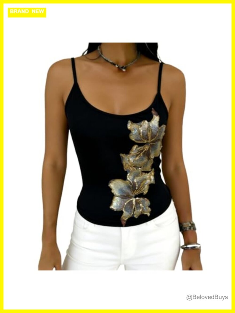 GGOOB Floral Sequin Embroidery Tank Top Spaghetti Strap Backless Cami